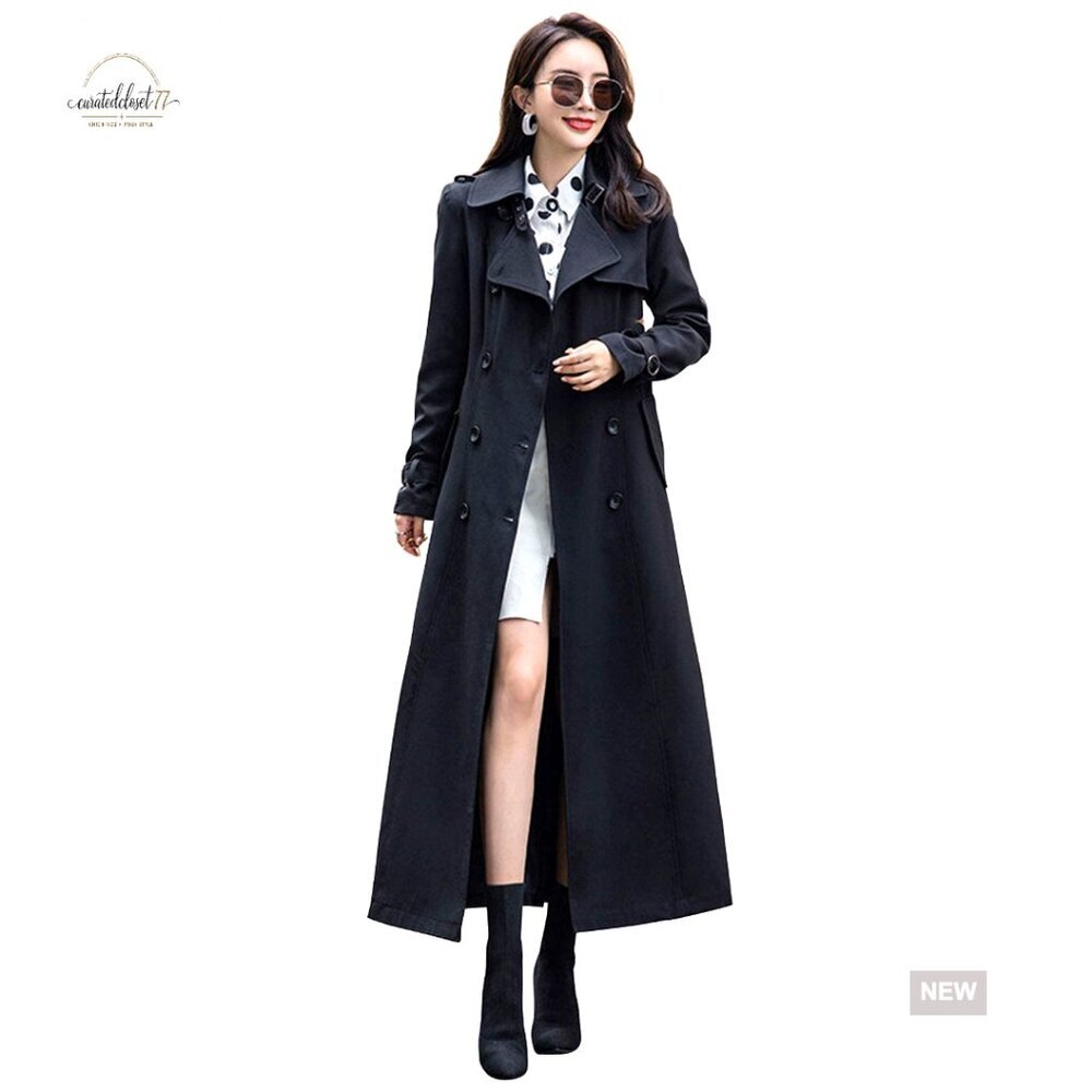 Double Breasted Trench Coat Slim Fit Long Overcoat Elegant Chic Formal Casual